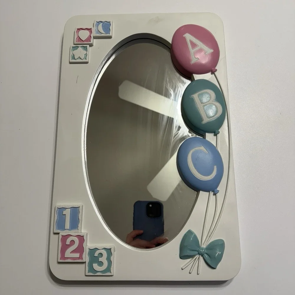 Homco Mirror Baby Nursery Decor‎ ABC White Blue Pink Bow Balloons Pastel Cottage